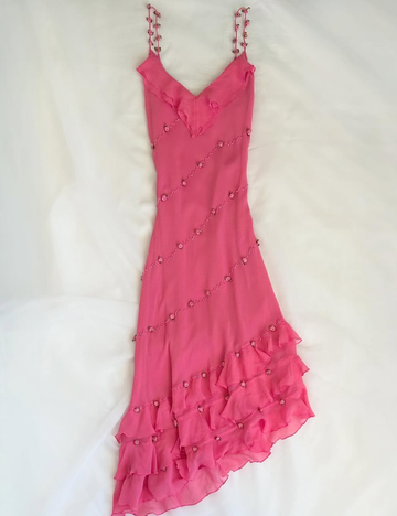 Vintage Pink Floral Beaded Ruffles Chiffon Prom Dress Evening Party Gowns HZ1023